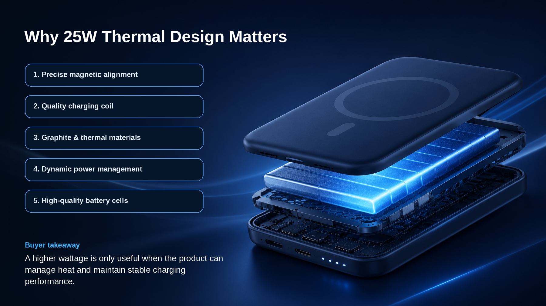 Thermal management infographic showing magnetic power bank internal battery and charging design